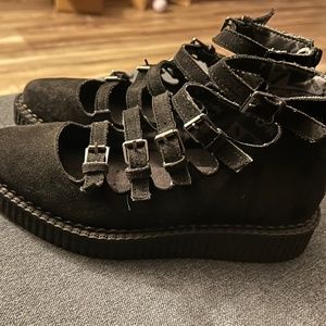 TUK Black Faux Suede Multi-Strap Pointed Mary Jane Creeper